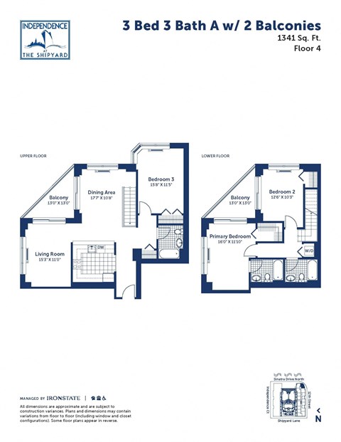 Floor plan for 3 beds, 3 baths, 1341 sqft