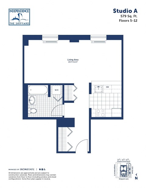 Floor plan for studio, 1 bath, 579 sqft