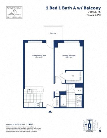 Floor plan for 1 bed, 1 bath, 780 sqft