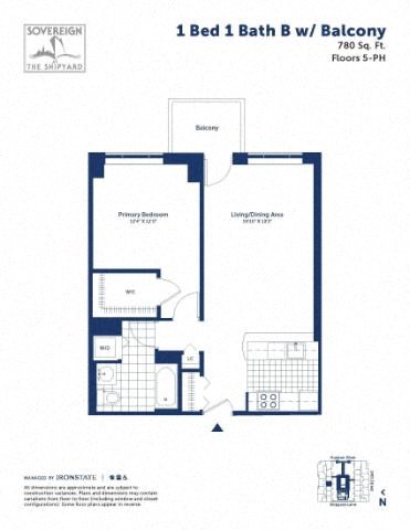 Floor plan for 1 bed, 1 bath, 780 sqft