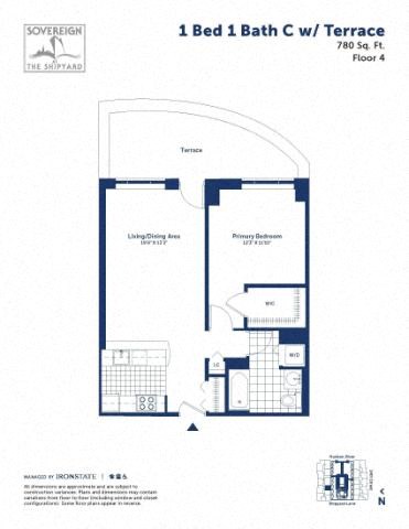 Floor plan for 1 bed, 1 bath, 780 sqft