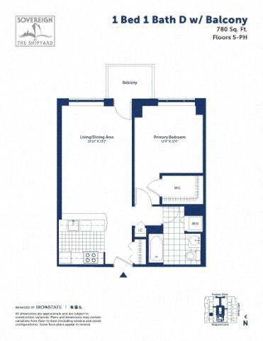 Floor plan for 1 bed, 1 bath, 780 sqft