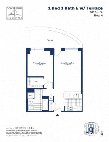 Floor plan for 1 bed, 1 bath, 780 sqft