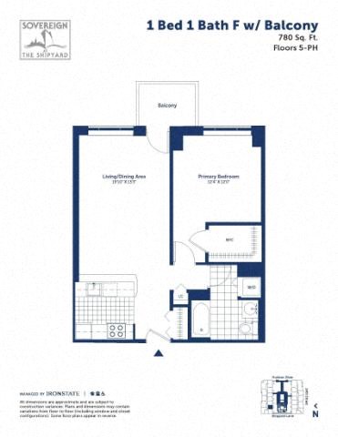 Floor plan for 1 bed, 1 bath, 780 sqft