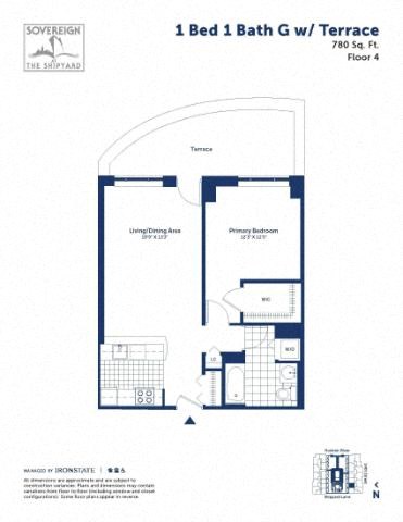 Floor plan for 1 bed, 1 bath, 780 sqft