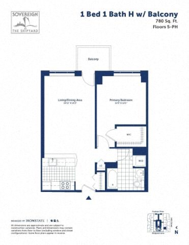 Floor plan for 1 bed, 1 bath, 780 sqft