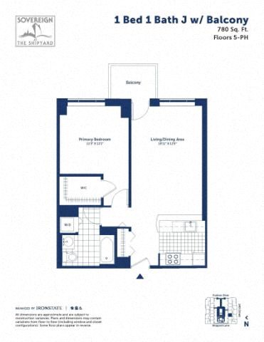 Floor plan for 1 bed, 1 bath, 780 sqft