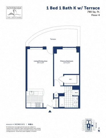 Floor plan for 1 bed, 1 bath, 780 sqft