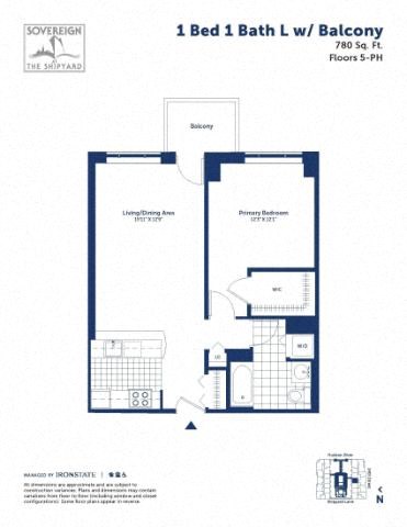Floor plan for 1 bed, 1 bath, 780 sqft