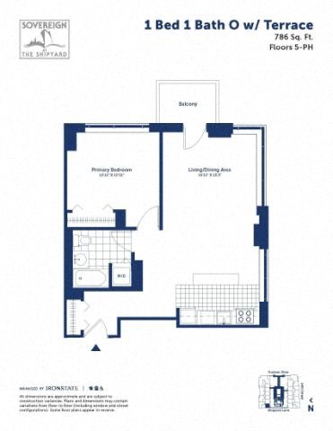 Floor plan for 1 bed, 1 bath, 786 sqft