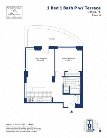 Floor plan for 1 bed, 1 bath, 786 sqft