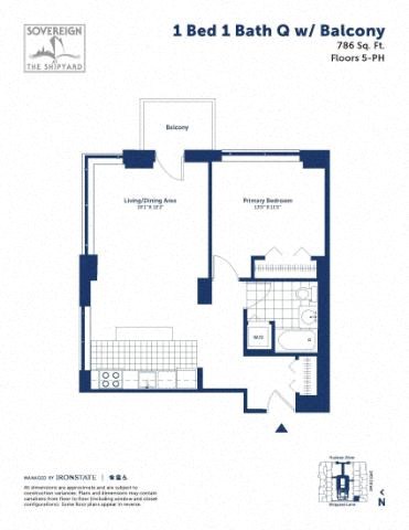 Floor plan for 1 bed, 1 bath, 786 sqft