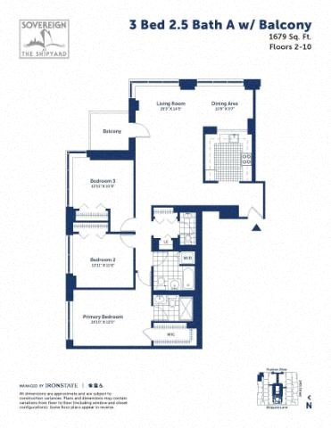Floor plan for 3 beds, 2.5 baths, 1679 sqft
