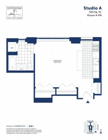 Floor plan for studio, 1 bath, 523 sqft