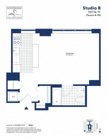 Floor plan for studio, 1 bath, 524 sqft