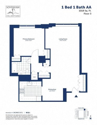 Floor plan for 1 bed, 1 bath, 1018 sqft