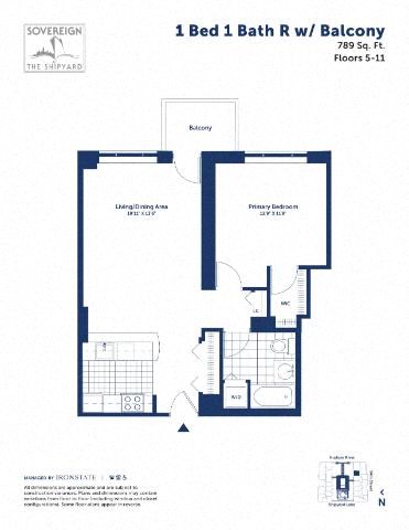 Floor plan for 1 bed, 1 bath, 789 sqft