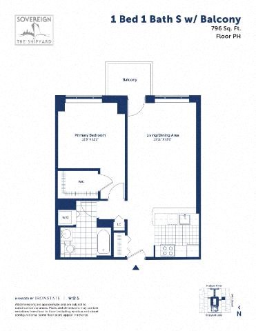Floor plan for 1 bed, 1 bath, 796 sqft