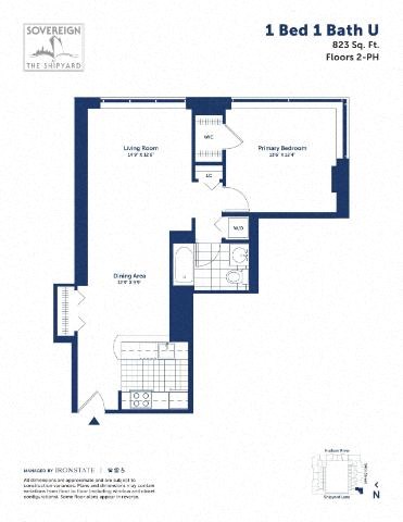 Floor plan for 1 bed, 1 bath, 823 sqft