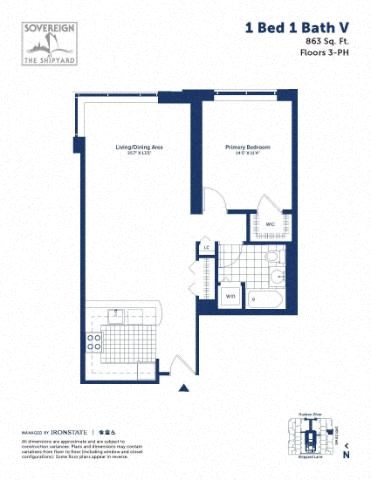 Floor plan for 1 bed, 1 bath, 863 sqft