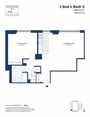 Floor plan for 1 bed, 1 bath, 986 sqft