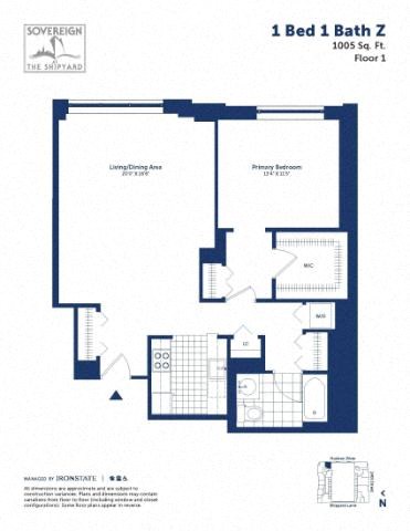 Floor plan for 1 bed, 1 bath, 1005 sqft