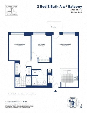Floor plan for 2 beds, 2 baths, 1080 sqft