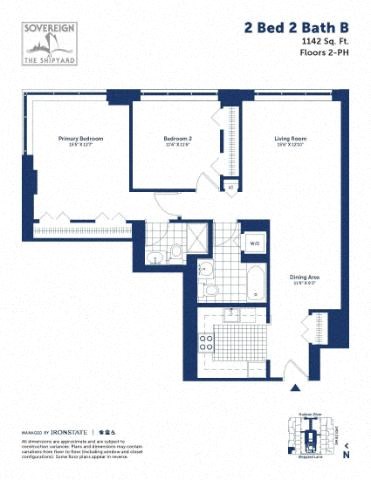 Floor plan for 2 beds, 2 baths, 1142 sqft