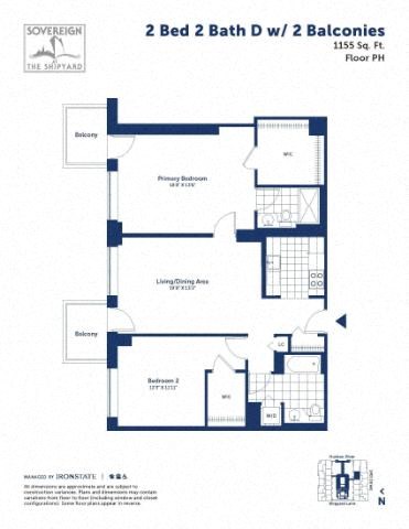 Floor plan for 2 beds, 2 baths, 1155 sqft