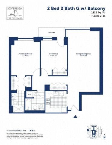 Floor plan for 2 beds, 2 baths, 1221 sqft