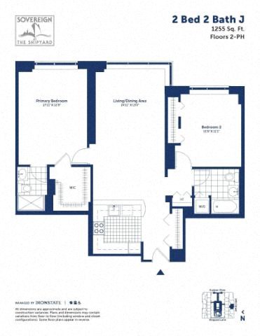 Floor plan for 2 beds, 2 baths, 1255 sqft