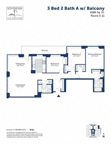 Floor plan for 3 beds, 2 baths, 1686 sqft