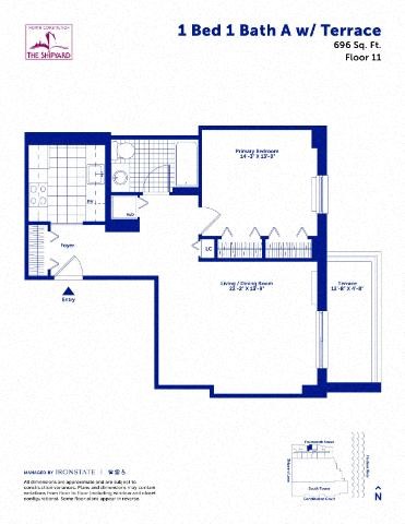 Floor plan for 1 bed, 1 bath, 696 sqft