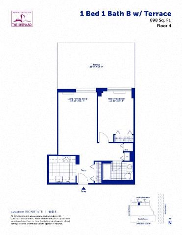 Floor plan for 1 bed, 1 bath, 698 sqft