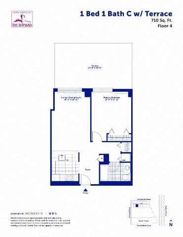 Floor plan for 1 bed, 1 bath, 710 sqft