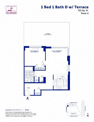 Floor plan for 1 bed, 1 bath, 721 sqft