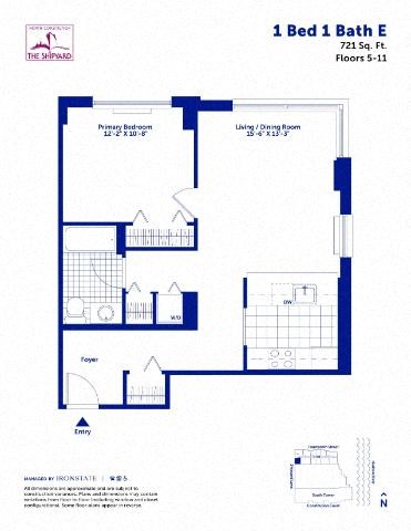 Floor plan for 1 bed, 1 bath, 721 sqft
