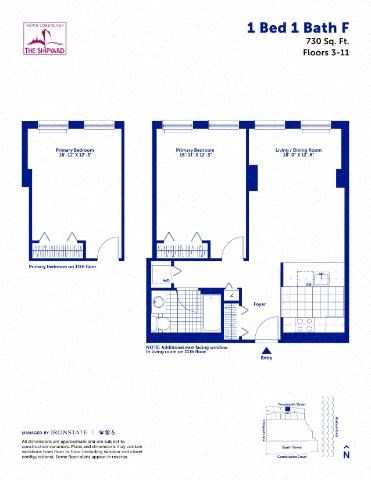 Floor plan for 1 bed, 1 bath, 730 sqft