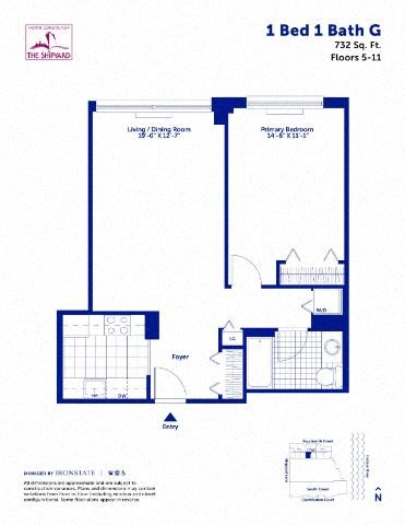 Floor plan for 1 bed, 1 bath, 732 sqft