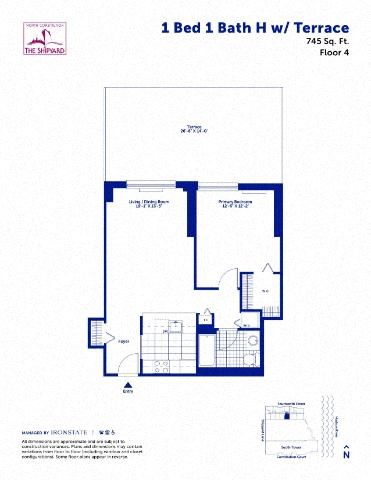 Floor plan for 1 bed, 1 bath, 745 sqft