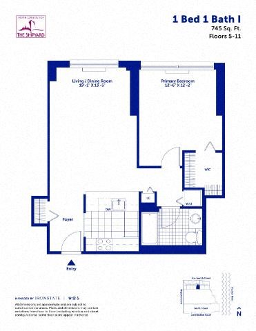 Floor plan for 1 bed, 1 bath, 745 sqft