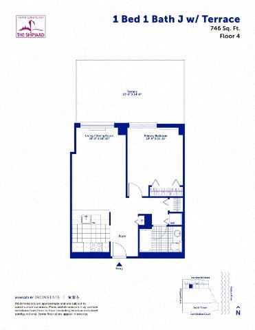 Floor plan for 1 bed, 1 bath, 746 sqft