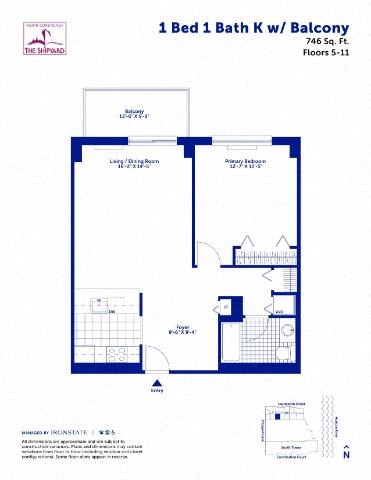 Floor plan for 1 bed, 1 bath, 746 sqft