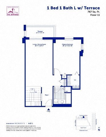 Floor plan for 1 bed, 1 bath, 767 sqft