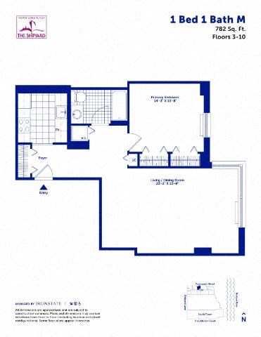 Floor plan for 1 bed, 1 bath, 782 sqft