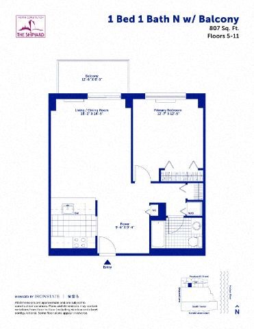 Floor plan for 1 bed, 1 bath, 807 sqft
