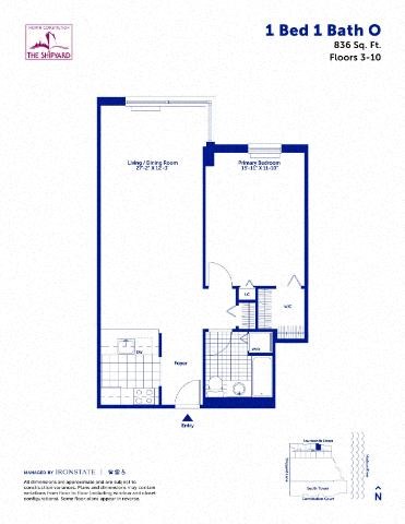 Floor plan for 1 bed, 1 bath, 836 sqft