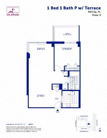 Floor plan for 1 bed, 1 bath, 843 sqft