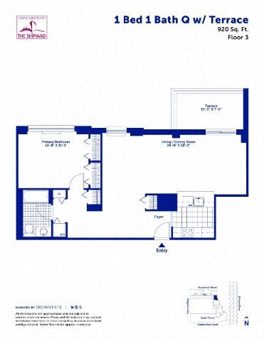Floor plan for 1 bed, 1 bath, 920 sqft