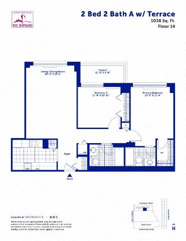 Floor plan for 2 beds, 2 baths, 1038 sqft